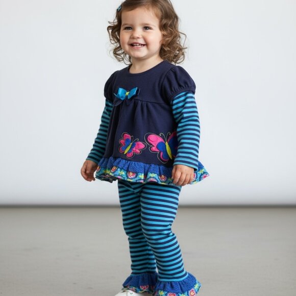Rare Too Matching butterfly navy Toddler Dress and striped Leggings Set 12 month - Picture 1 of 8